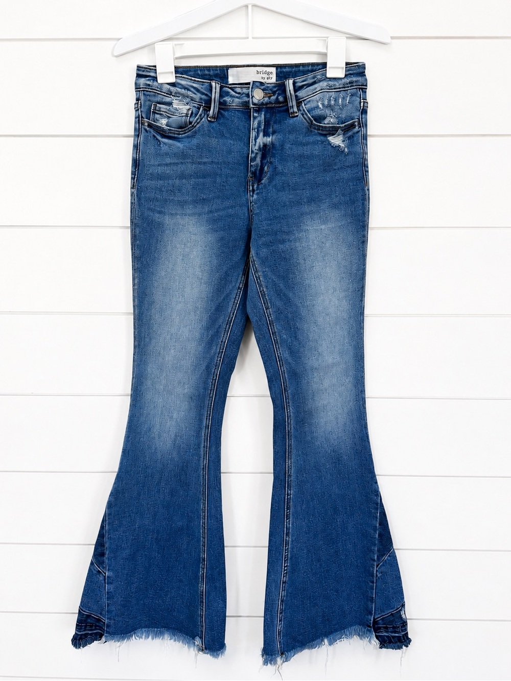 Bridge by Gly High Rise Flare Jeans Size 26 Distressed Frayed Hem Blue Denim